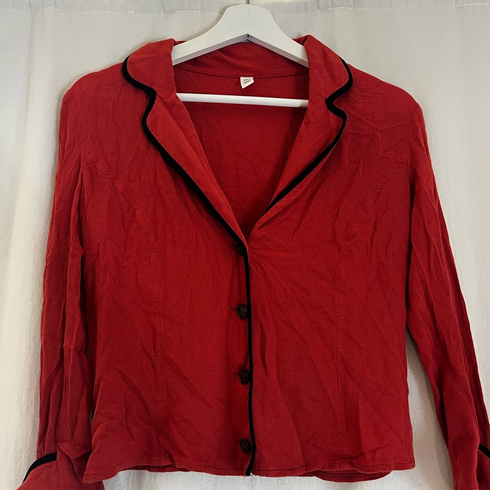 Red BP Button-Up Blouse with Black Trim